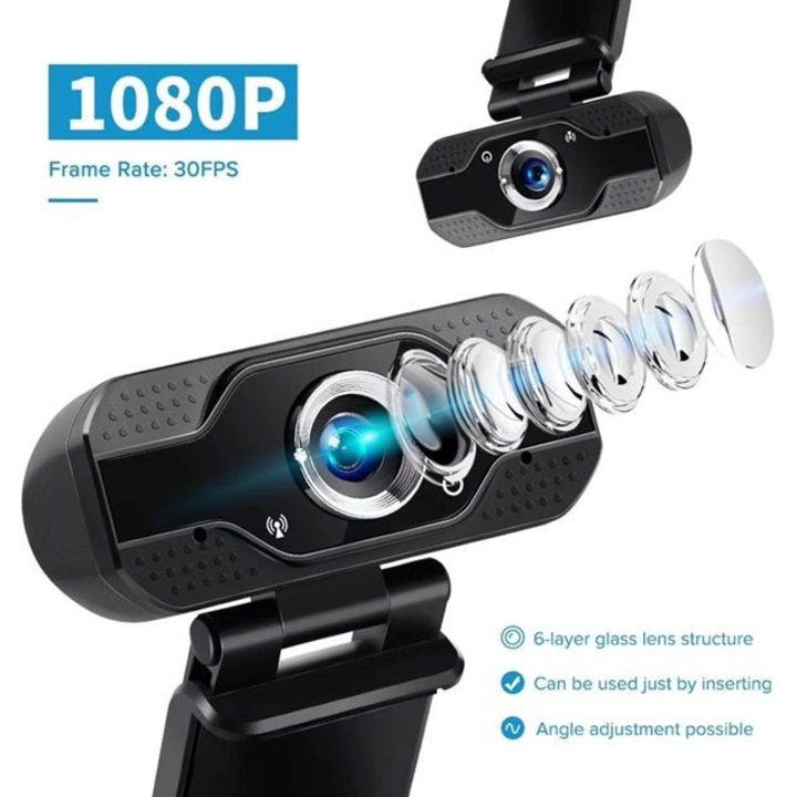 Webkamera Full HD, Plug & Play, tiszta hang, fekete