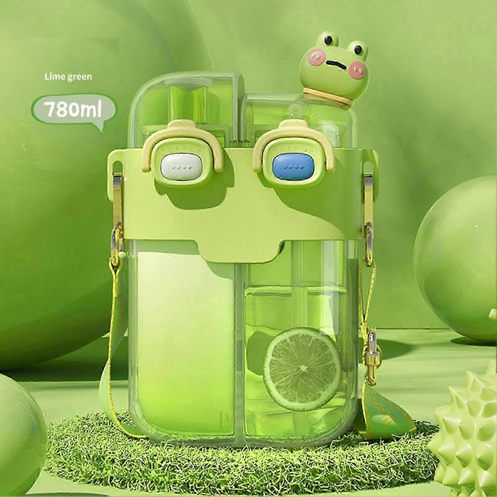 Sticla apa 780ml, design doua compartimente, verde, 11.3x7x20.5cm