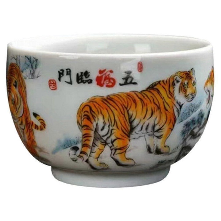 Cana ceramica pictata manual model tigru zodiacal, retro, multicolor, 250ml