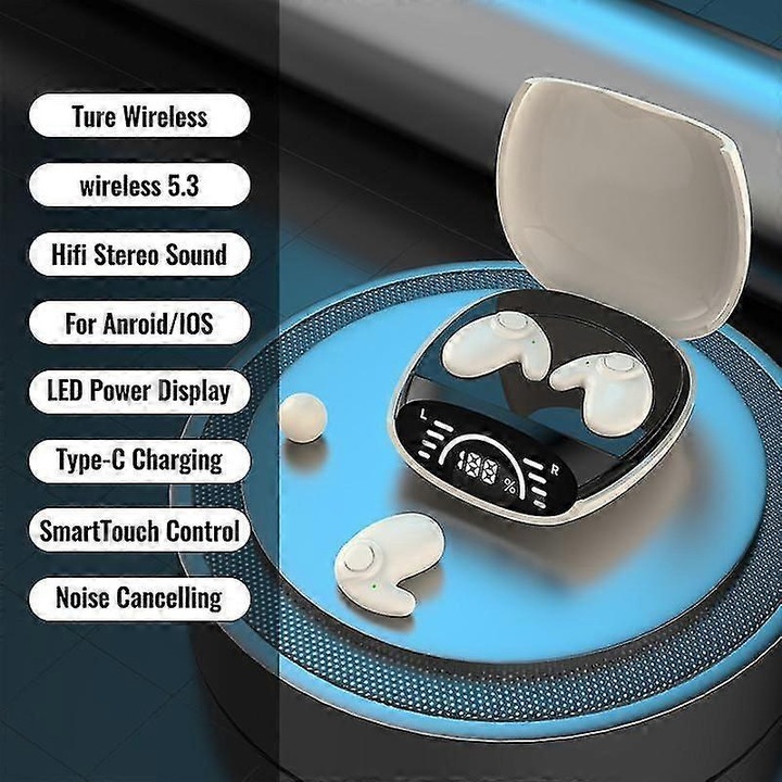Casti wireless invizibile, Bluetooth 5.3, mini, rezistente la apa, alb-negru-khaki, 75x40mm