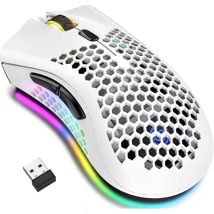 Безжична геймърска мишка, дизайн тип пчелна пита, RGB, бяла, ергономична, 15x10x5см