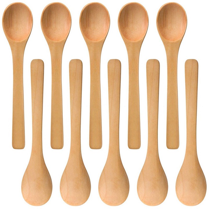 Set 60 lingurite mini din lemn, maro, 13cm, pentru condimente si miere