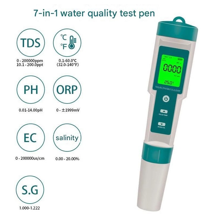 Tester digital apa 7 in 1 pH TDS ORP EC temperatura salinitate SG