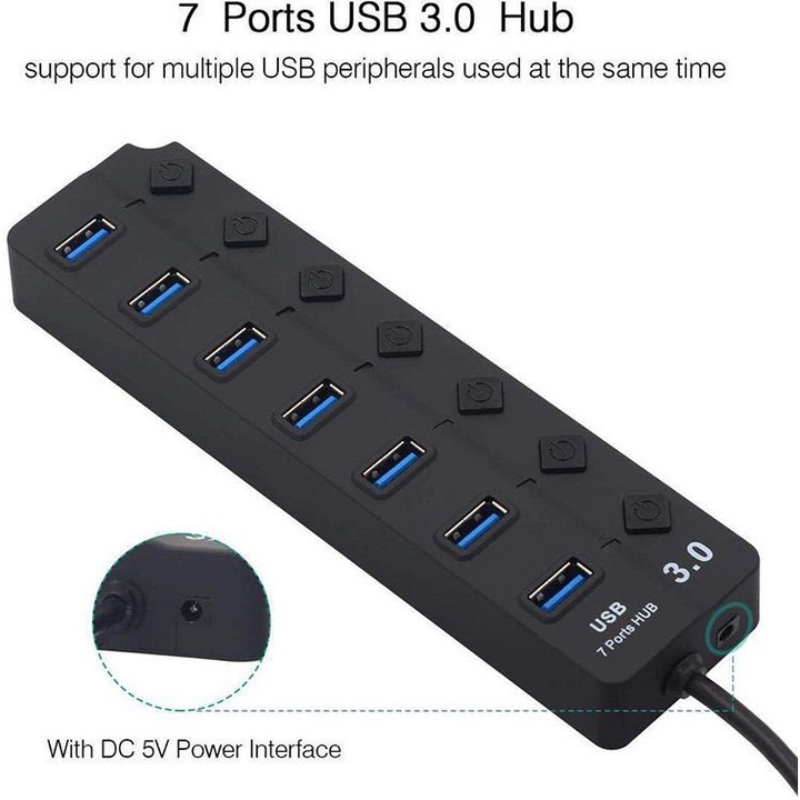 USB хъб със 7 порта, кабел 1.2м, черен, 17x4.6x2см