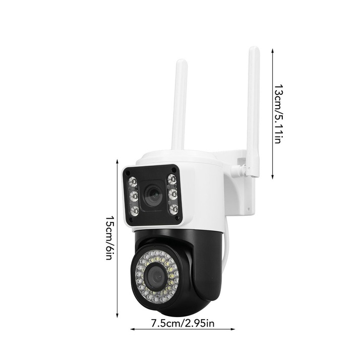 Камера за наблюдение с двоен обектив 2MP, цветно нощно виждане и IR, WiFi 2.4G, въртене 355x90°, съхранение на карта/облак