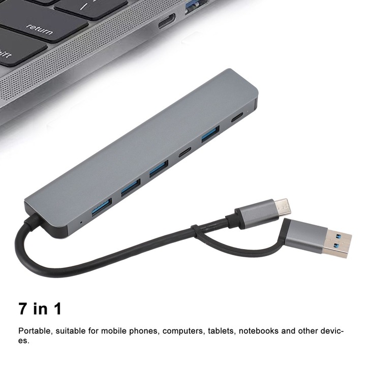 Хъб USB-C 7 в 1, алуминий, 5 USB, 2 Type-C, универсален