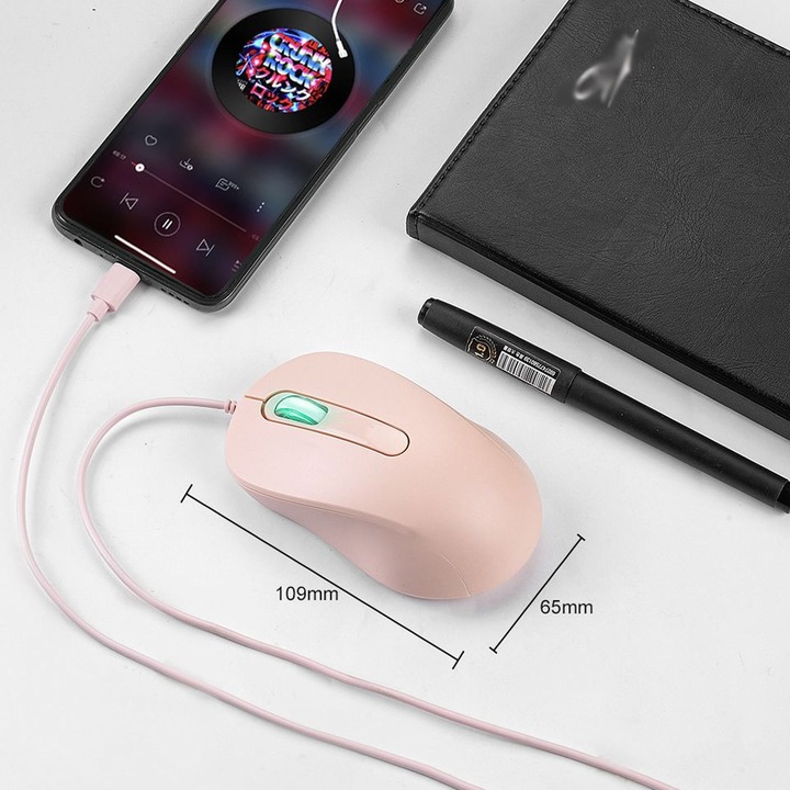 USB C vezetékes egér, halk, többszínű LED, 109x65x38mm