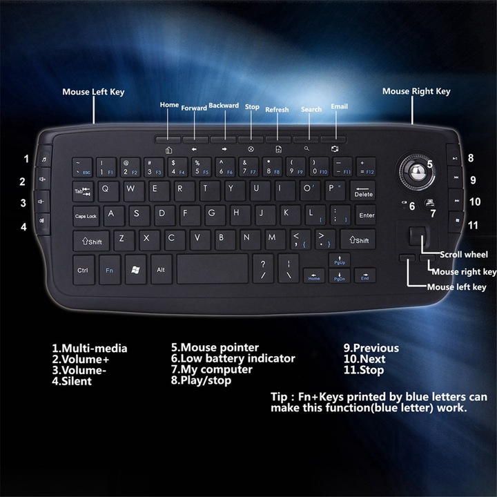 Mini ergonomikus vezeték nélküli 2.4G fekete billentyűzet