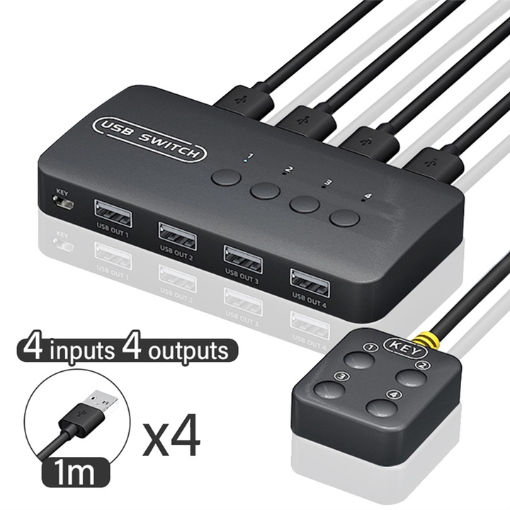 USB kapcsoló 4 bemenet 4 kimenet fekete 1.5m