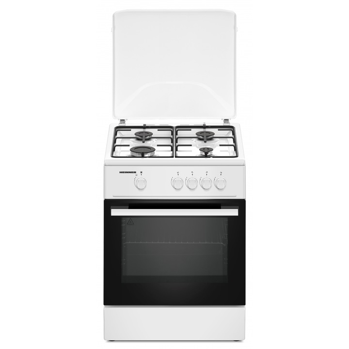 Aragaz HEINNER HFSC-K6060WH, Gaz, 4 arzatoare, Aprindere electrica plita, Duze GPL incluse, Tava si gratar cromat, 60cm Alb