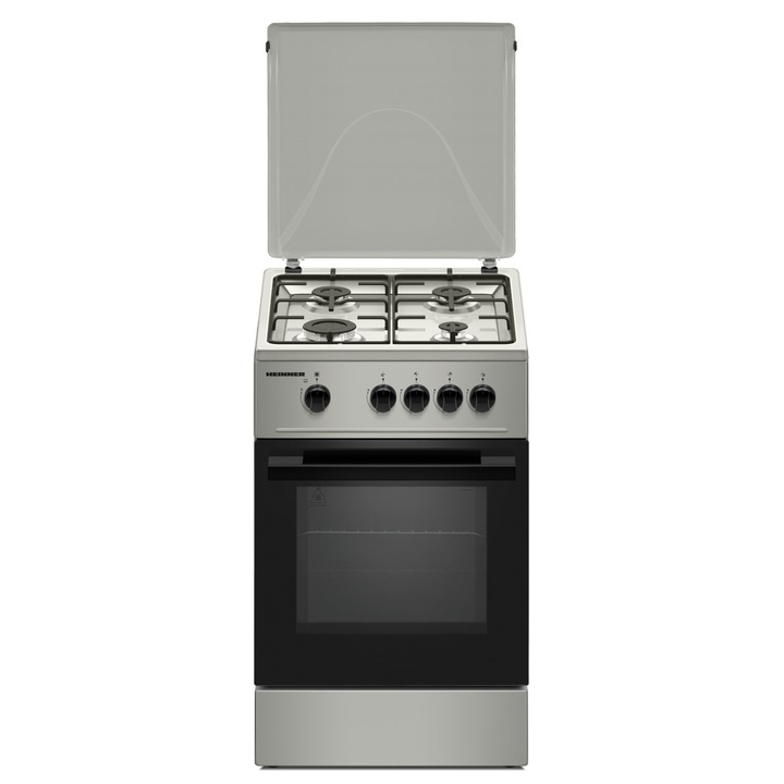 Aragaz HEINNER HFSC-K50SL, Gaz, 4 arzatoare, Duze GPL incluse, Tava si gratar cromat, 50 cm Argintiu