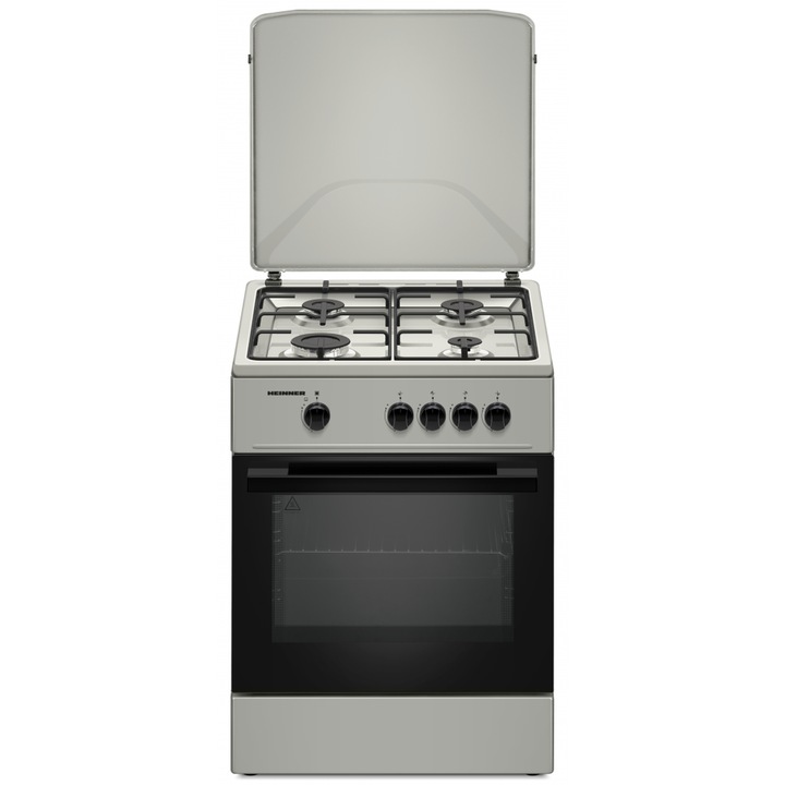 HEINNER HFSC-K6060SL tűzhely, gáz, 4 égős, elektromos gyújtás, GPL fúvókák mellékelve, krómozott tálca és rács, 60 cm, ezüst