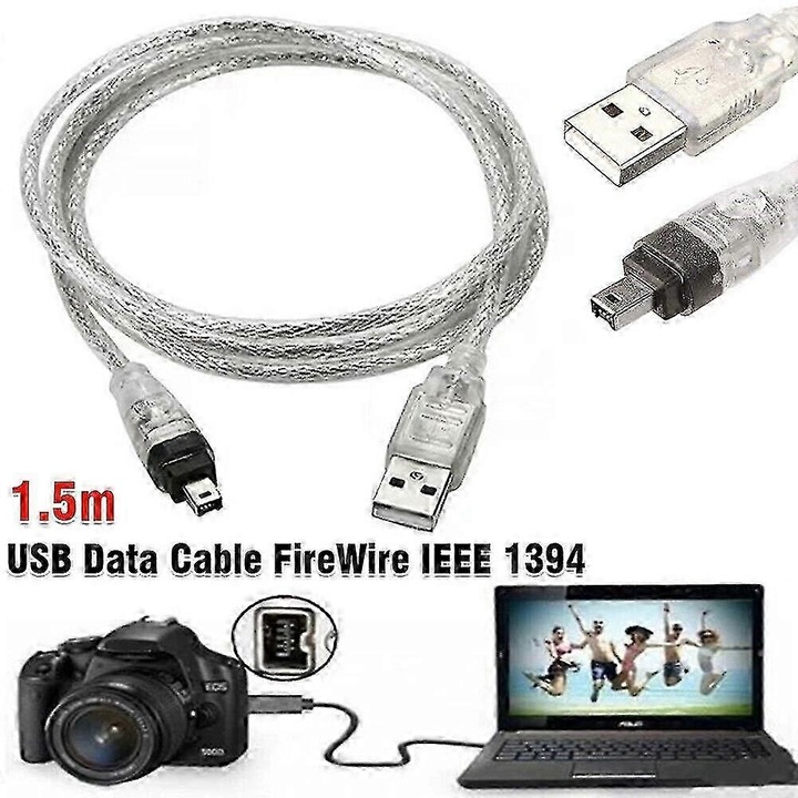 FireWire kábel (IEEE 1394) 4-tűs USB-re, MiniDV/HDV-hez, videó/audió/adatátvitel akár 480Mbps-ig, 1.5 m, Átlátszó, 1 db
