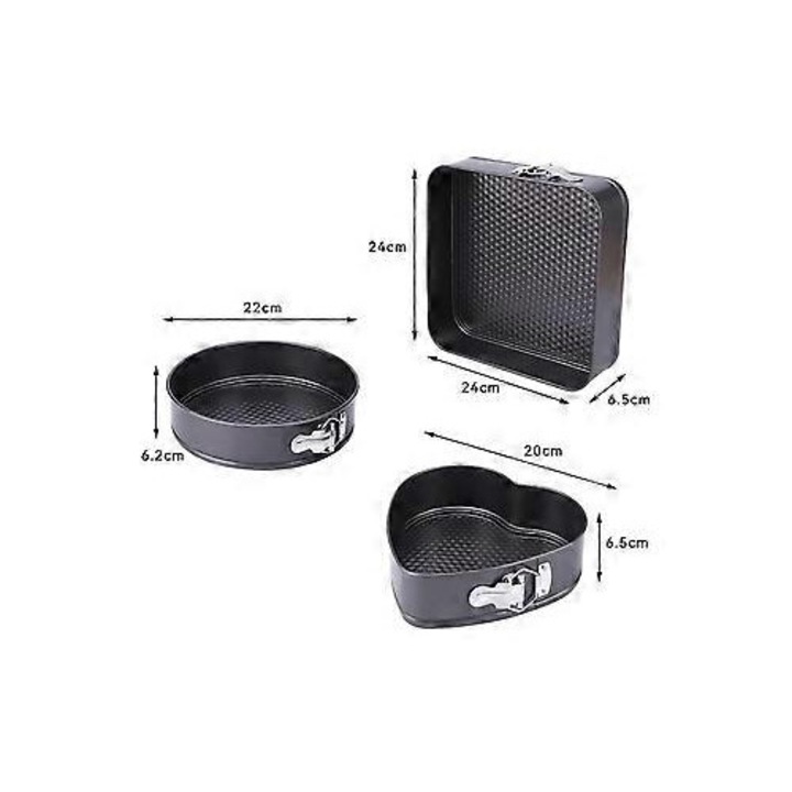 Set tavi copt, 3 piese, forme inima rotund patrat, negru, 20x22x24cm