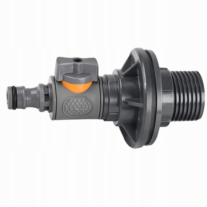 Csapcsatlakozó adapter hordóhoz és tartályhoz, PVC-ből, áramlásszabályzó szeleppel és gyors, szivárgásmentes csatlakozással, menet kb. 2,5 cm