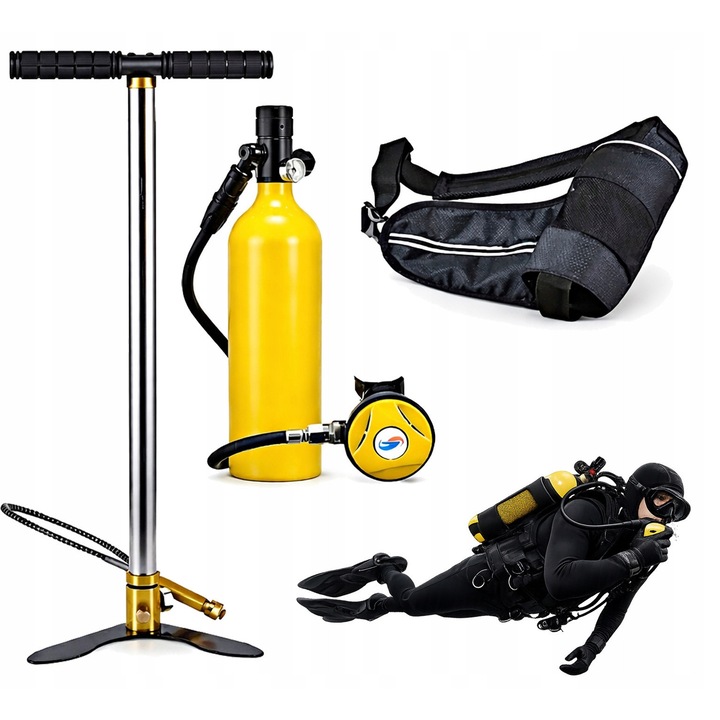 Hordozható mini búvárkészlet, kompakt légzőkészülék, kézi pumpa, fekete-sárga, 3kg