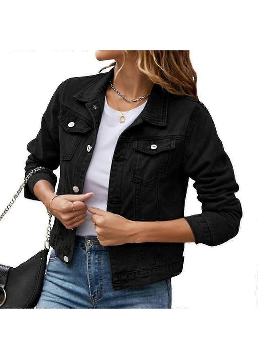 Jacheta de blugi scurta, maneca lunga, cu nasturi si buzunare, negru, denim, S INTL