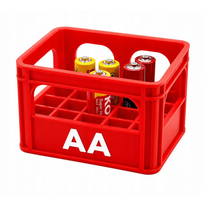 AA (R6) elemtartó rendszerező, modulárisan egymásra rakható tárolódoboz, rácsos rekeszekkel és dombornyomott AA jelöléssel, tartós műanyagból, piros, 1 db