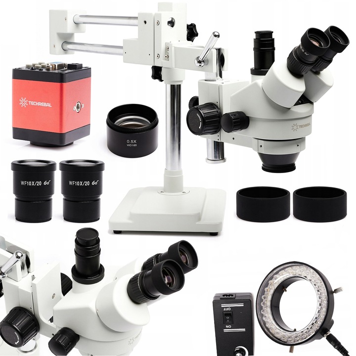 Techrebal 10HW trinokuláris mikroszkóp, 7-45x, Full HD 2MP kamera, 56x LED megvilágítás, 0,5x objektív, tartozékok, piros