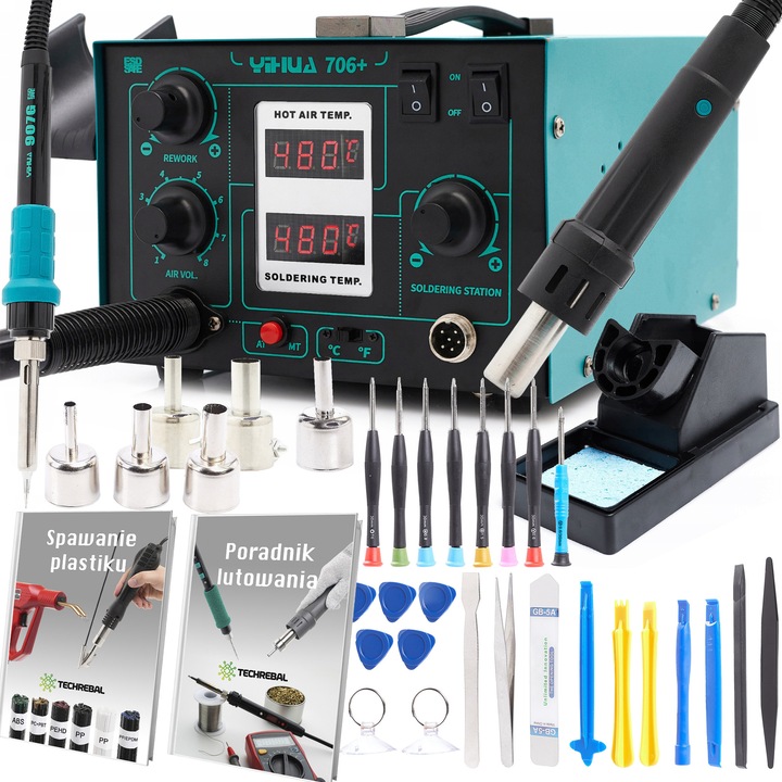 Станция за запояване Techrebal 706+ 2 в 1 горещ въздух и поялник, комплект GSM инструменти, многоцветен, 25 части, 255x185x135mm