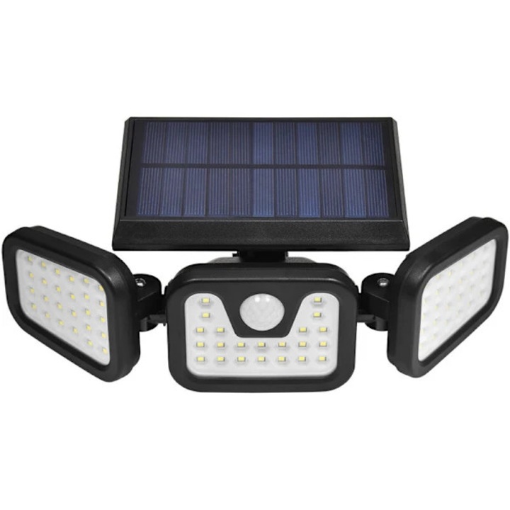 Napelemes fali lámpa, 3 fej, 74 LED, fekete, 50W, IP67, 26x33ft, 450lm