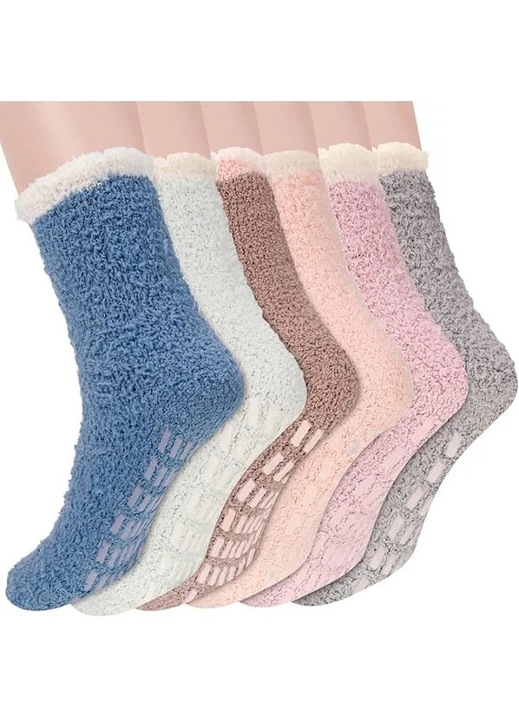 Sosete papuci dama set 6, plusate, antiderapante, multicolor, marimi 36-41