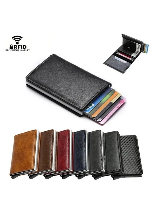 Портфейл за карти, капацитет 5, RFID NFC защита, тънък черен алуминий