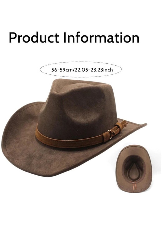 Palarie cowboy maro, piele intoarsa, brima lata, reglabila, 56x59cm