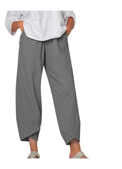 Pantaloni Harem dama, croiala larga, talie elastica, uni, bumbac si in, pentru vara, cu buzunare