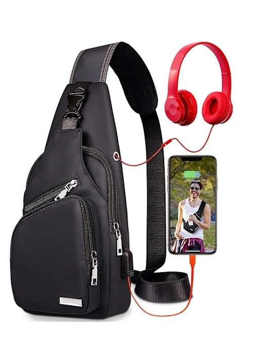 Unisex crossbody táska, PU bőr, nagy kapacitású, fekete, állítható, 25x15x8cm