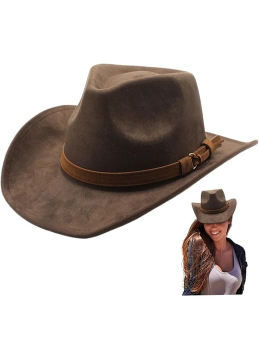 Palarie cowboy maro, piele intoarsa, brima lata, reglabila, 56x59cm