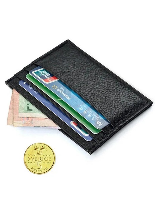 Тънък портфейл за карти, черен, 10x8x0.3см, PU кожа