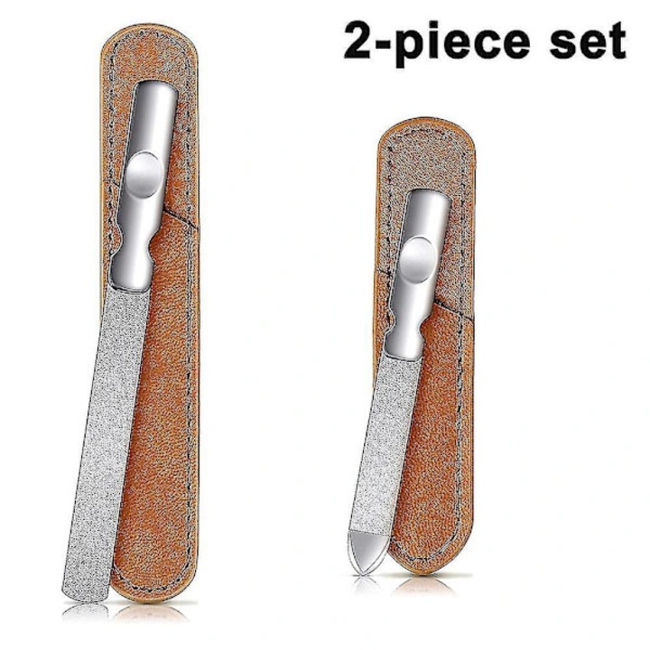 Set 2 pile unghii inox, dublu fata, argintiu, 9.2x1cm si 12.1x1.1cm, cu husa piele