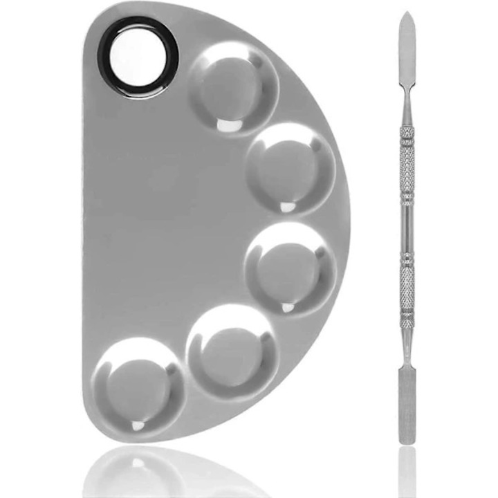 Paleta amestecare machiaj inox 15.6x9.9cm cu spatula si 5 compartimente thumb hole