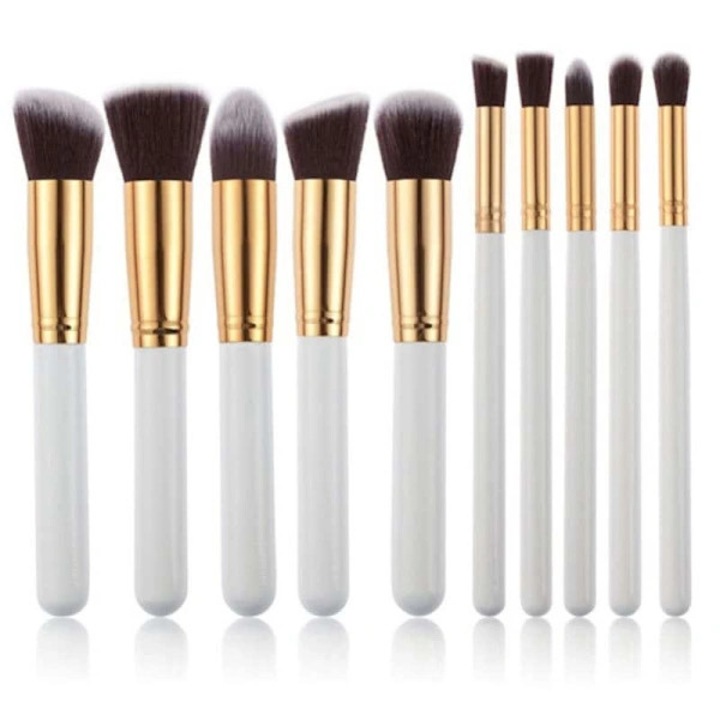 Set pensule machiaj 10 piese, alb auriu, diverse forme