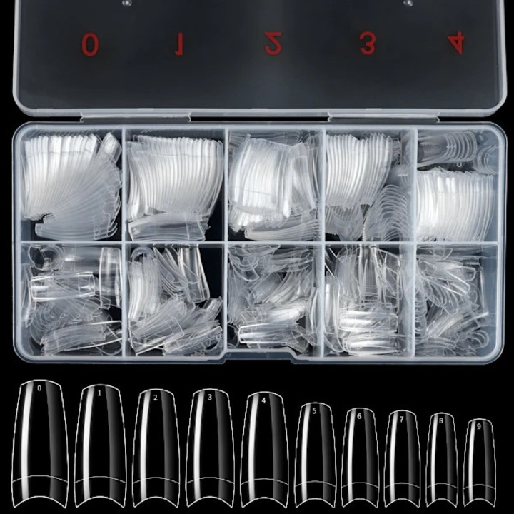 Set 500 bucati tipsuri acrilice transparente pentru unghii, marimi 0-9
