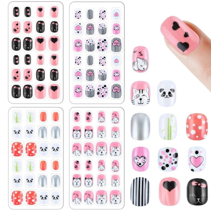 Set 96 unghii false copii, animale dragute, multicolor, 1x0.3-1.8x1.5cm