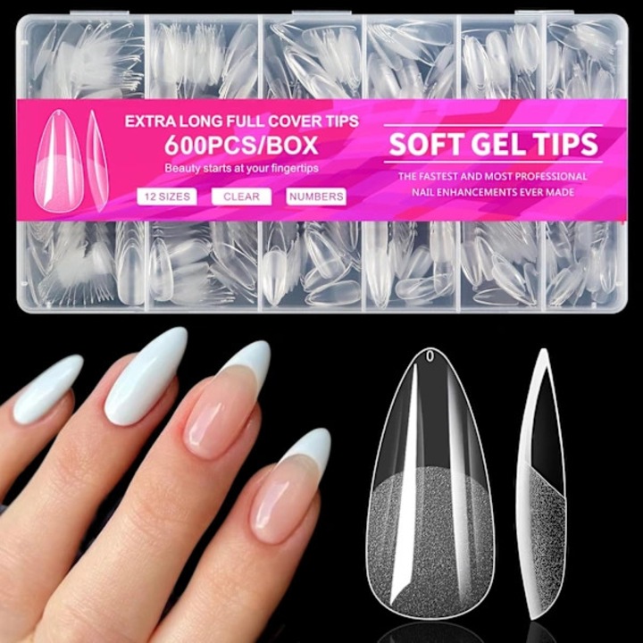 Set 600 tipsuri unghii migdal, gel moale, transparent, 12 marimi, 2.56cm