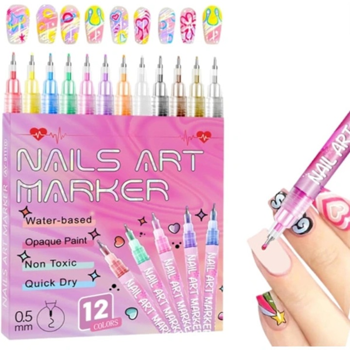 Set 12 pensule nail art, uscare rapida, culori vii, compact