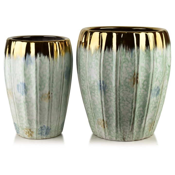 Set 2 ghivece decorative Mondex Neva ceramica pastel auriu 41x41x46cm 30x30x42,5cm