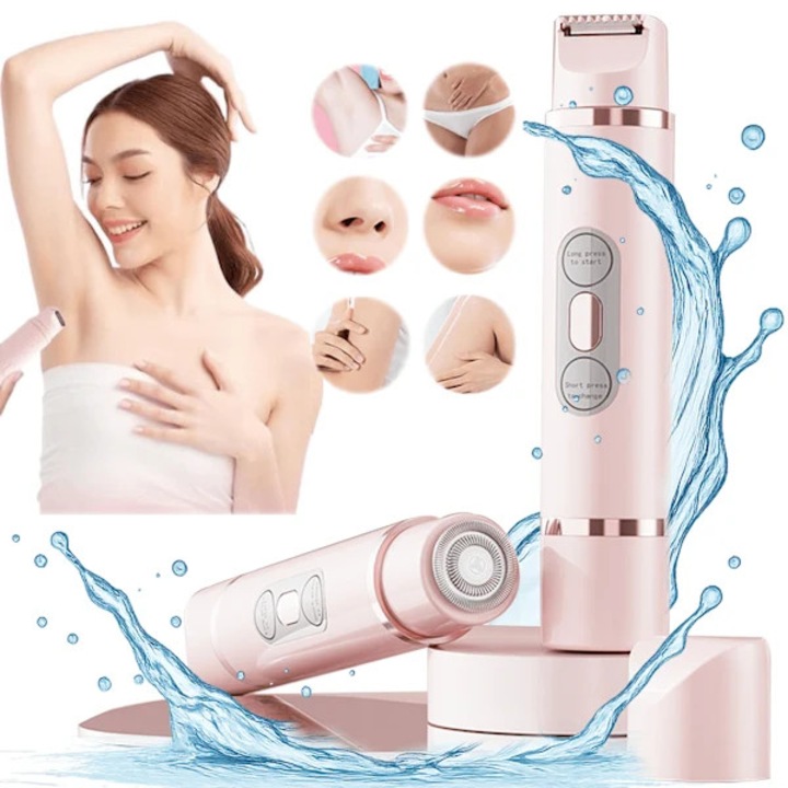 Aparat de ras electric pentru femei/epilator reincarcabil 2-in-1, hipoalergenic, impermeabil IPX7, pentru axile, bikini, picioare si brate, capete duale detasabile lavabile, autonomie 90 min, Roz, 1 buc