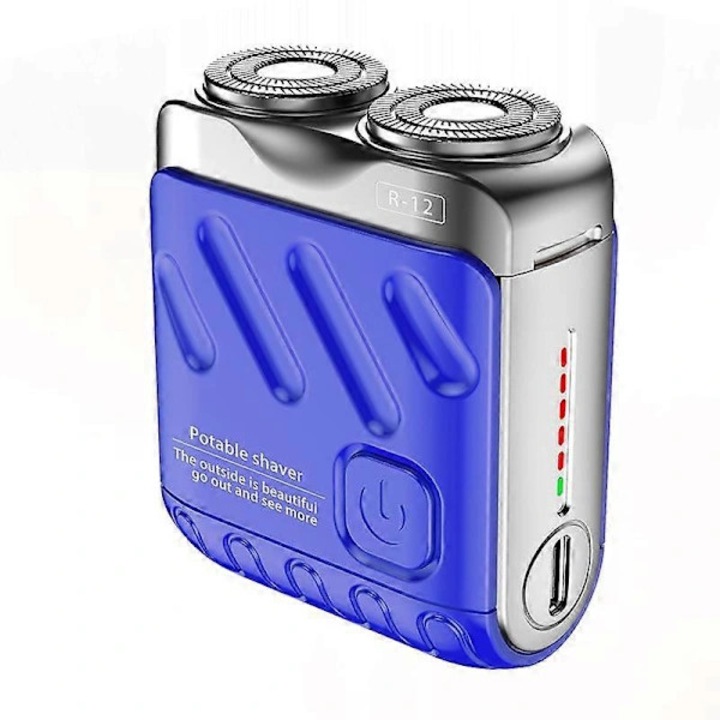 Aparat de ras electric mini R-12, trimmer pentru barba, portabil, impermeabil IPX7, cap rotativ dublu, incarcare Type-C, detasabil si lavabil, albastru/argintiu, 1 buc