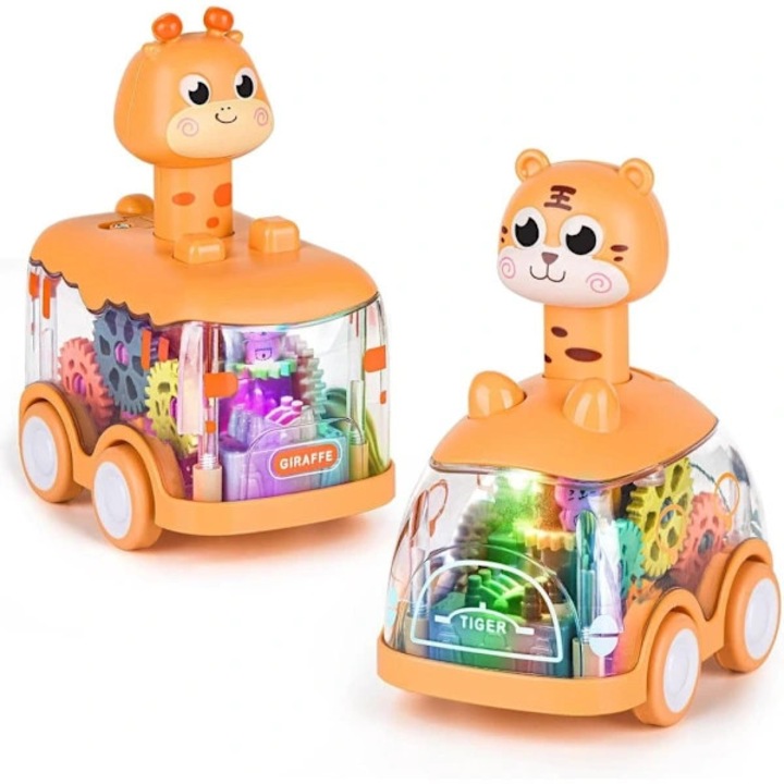 Set 2 bucati, masinute jucarie din ABS durabil, cu actionare prin apasare si lumini, design animal (girafa si tigru), Portocaliu, 2 bucati