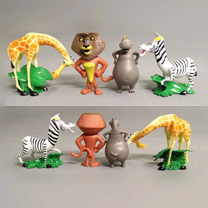 Set 4 bucati figurine animale Madagascar, jucarii colectie, figuri de actiune din plastic, personaje leu, zebra, girafa, hipopotam, multicolor