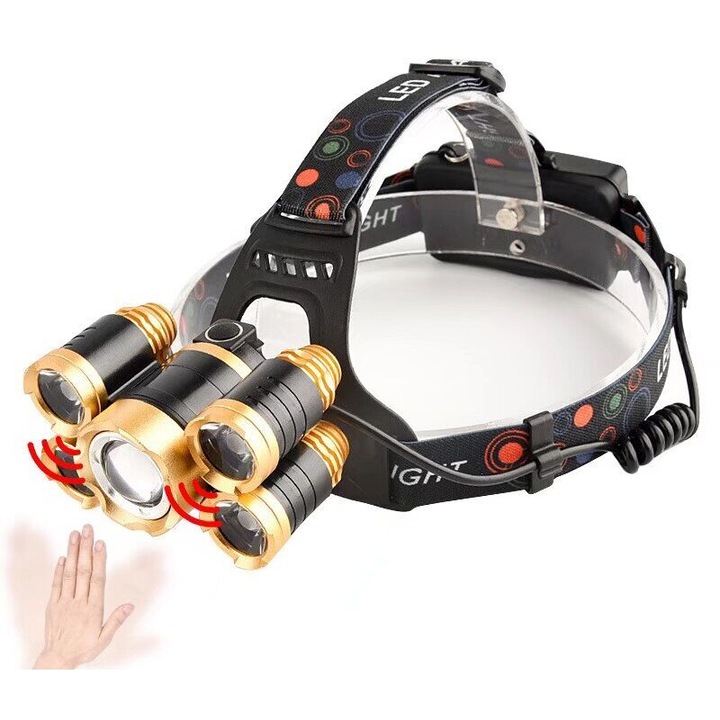 LED fejlámpa 5, vízálló, 90°-ban állítható, USB, fekete