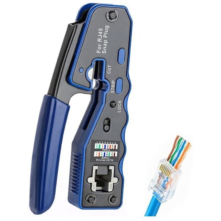 RJ45 Ethernet kábelekhez való krimpelő, vágó és csupaszoló fogó, multifunkcionális, fekete