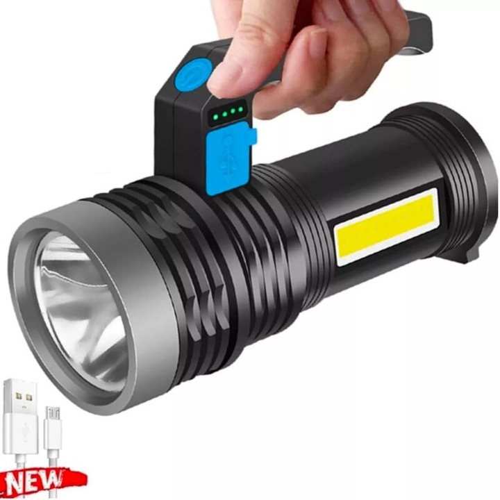 LED lámpa, 4 mód, vízálló, USB-ről tölthető, 1200mAh, hordozható, fekete