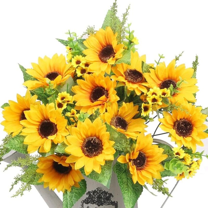 Buchet flori artificiale, 14 mari si 60 mici galbene, 17,7 inch, set 2 bucati, cu fluturi decorativi