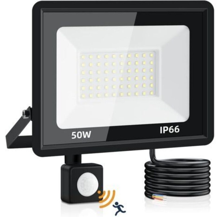 LED kültéri reflektor 50W mozgásérzékelővel hideg fehér IP66 5000lm