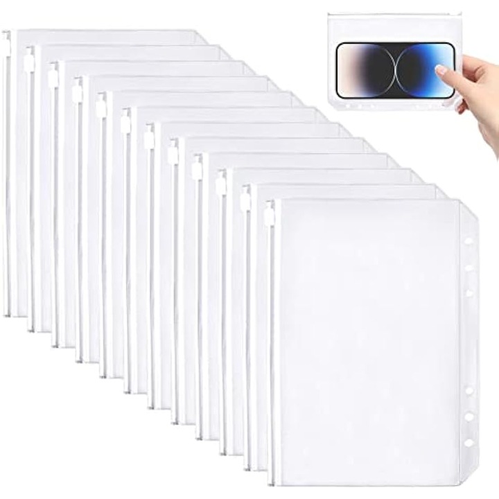 Set 12 dosare plastic A5, transparent, cu fermoar, 6 gauri, rezistent apa, 20.9x15cm